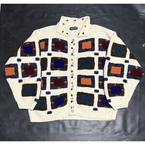 Rad 60s 70s Vintage Harold's Wool Boho Geometric Button Cardigan Sweater Mens XL